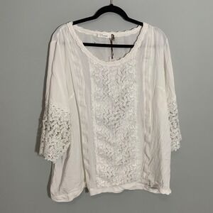 NEW Solitaire White Floral Lace Trimmed 3X Tunic Top Boho Crochet